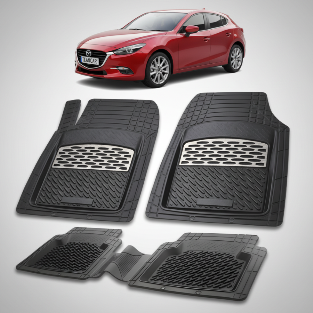 set de covorase din cauciuc negre cu accente gri cu o mazda 3 generatia III rosie in fundal
