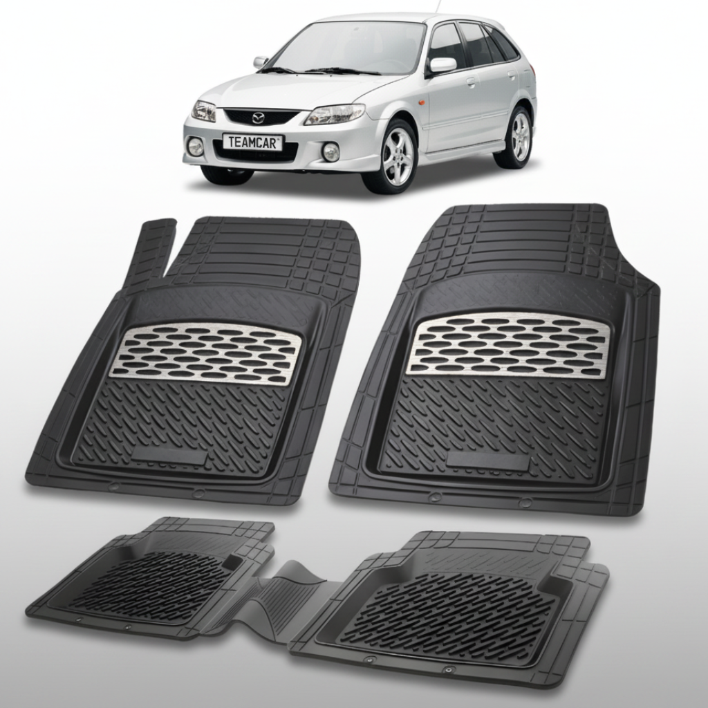 set de covorase din cauciuc negre cu accente gri cu o mazda 323 bj facelift hatchback 5 usi argintie in fundal