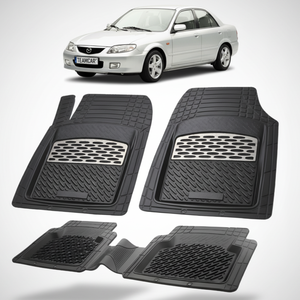 set de covorase din cauciuc negre cu accente gri cu o mazda 323 bj facelift sedan argintie in fundal