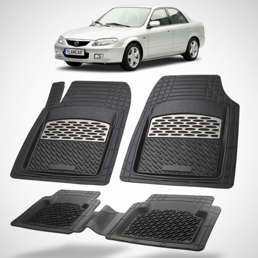 set de covorase din cauciuc negre cu accente gri cu o mazda 323 bj facelift sedan argintie in fundal