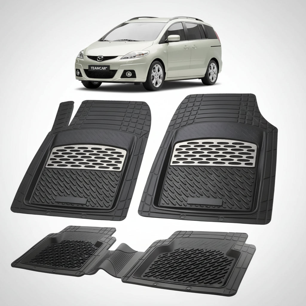 set de covorase din cauciuc negre cu accente gri cu o mazda 5 cr facelift mpv bej in fundal