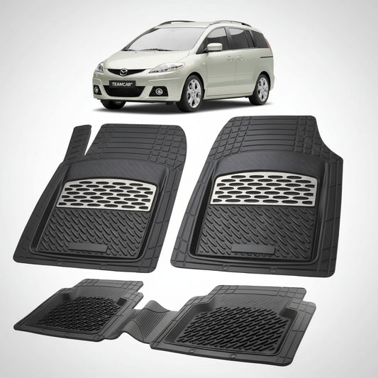 set de covorase din cauciuc negre cu accente gri cu o mazda 5 cr facelift mpv bej in fundal