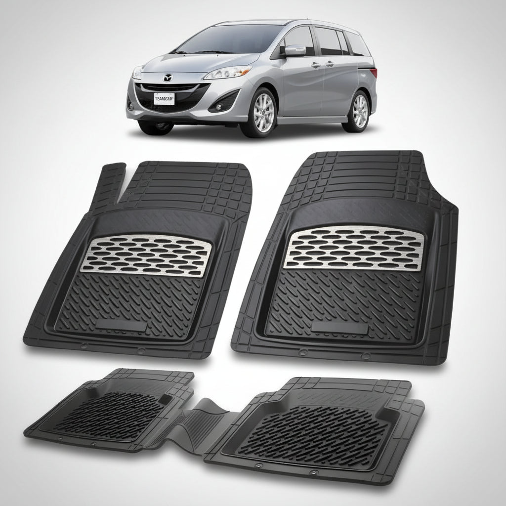 set de covorase din cauciuc negre cu accente gri cu o mazda 5 cw facelift mpv gri deschis in fundal