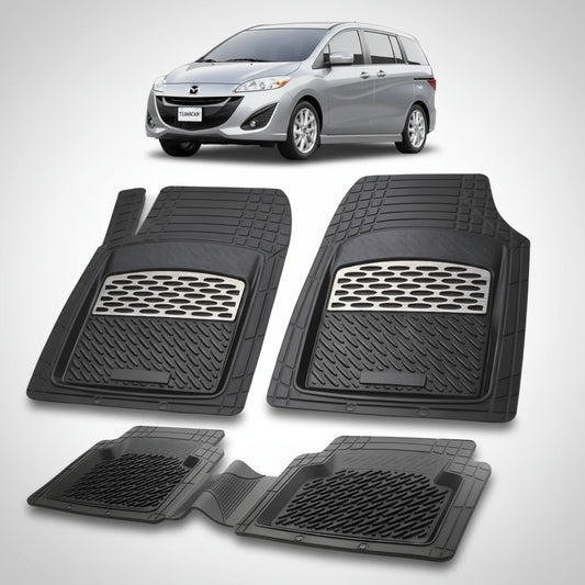 set de covorase din cauciuc negre cu accente gri cu o mazda 5 cw facelift mpv gri deschis in fundal