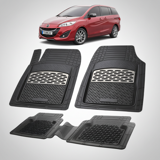 set de covorase din cauciuc negre cu accente gri cu o mazda 5 generatia 2 rosie in fundal