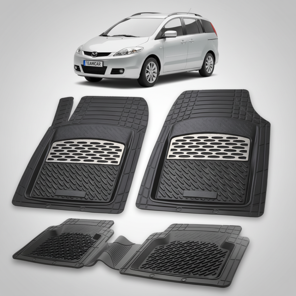set de covorase din cauciuc negre cu accente gri cu o mazda 5 gri in fundal