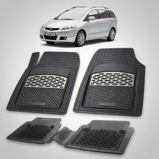 set de covorase din cauciuc negre cu accente gri cu o mazda 5 gri in fundal