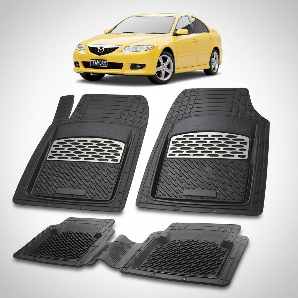 set de covorase din cauciuc negre cu accente gri cu o mazda 6 gg hatchback 5 usi galbena in fundal