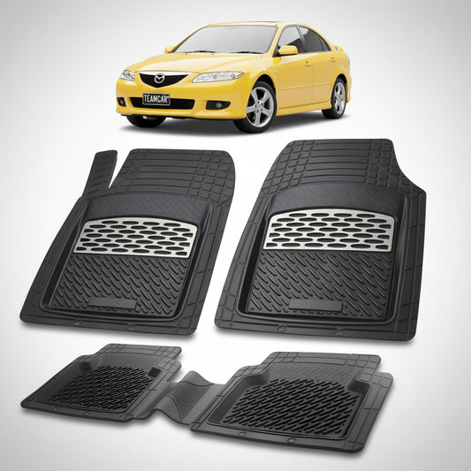 set de covorase din cauciuc negre cu accente gri cu o mazda 6 gg hatchback 5 usi galbena in fundal