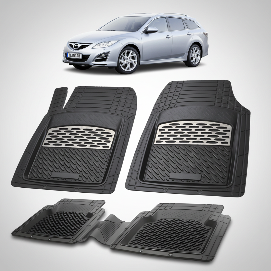 set de covorase din cauciuc negre cu accente gri cu o mazda 6 gh combi gri albastrui deschis in fundal