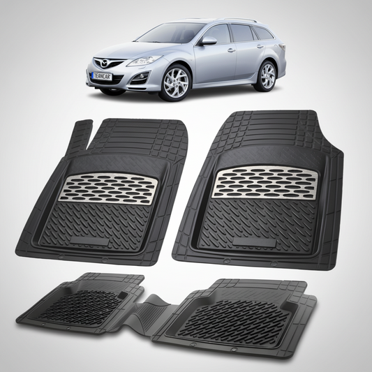 set de covorase din cauciuc negre cu accente gri cu o mazda 6 gh combi gri albastrui deschis in fundal