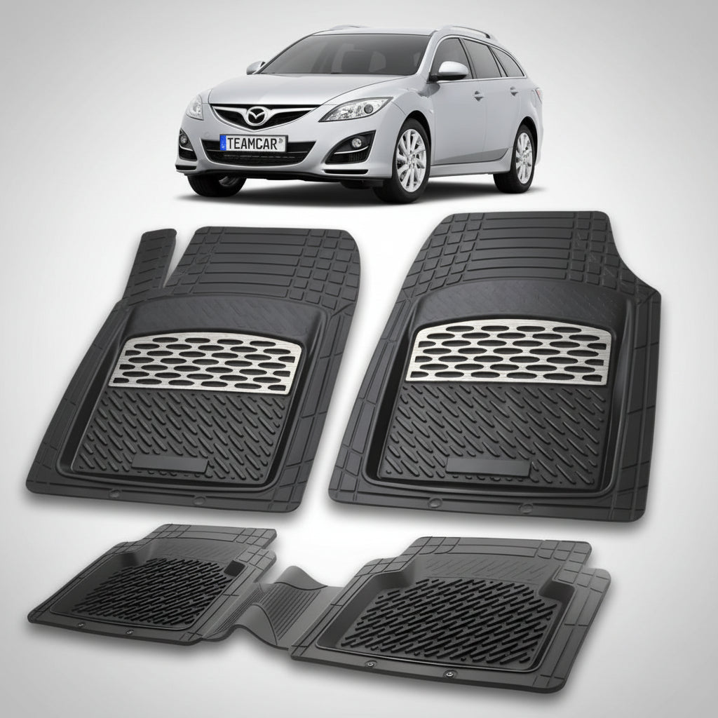 set de covorase din cauciuc negre cu accente gri cu o mazda 6 gh facelift combi argintiu metalizat in fundal