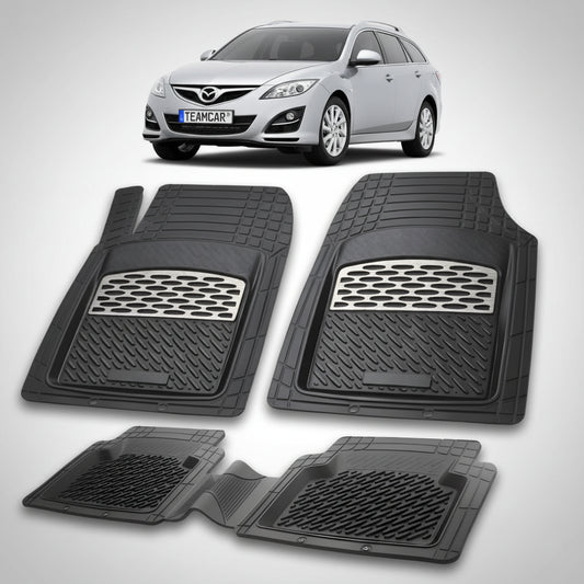 set de covorase din cauciuc negre cu accente gri cu o mazda 6 gh facelift combi argintiu metalizat in fundal