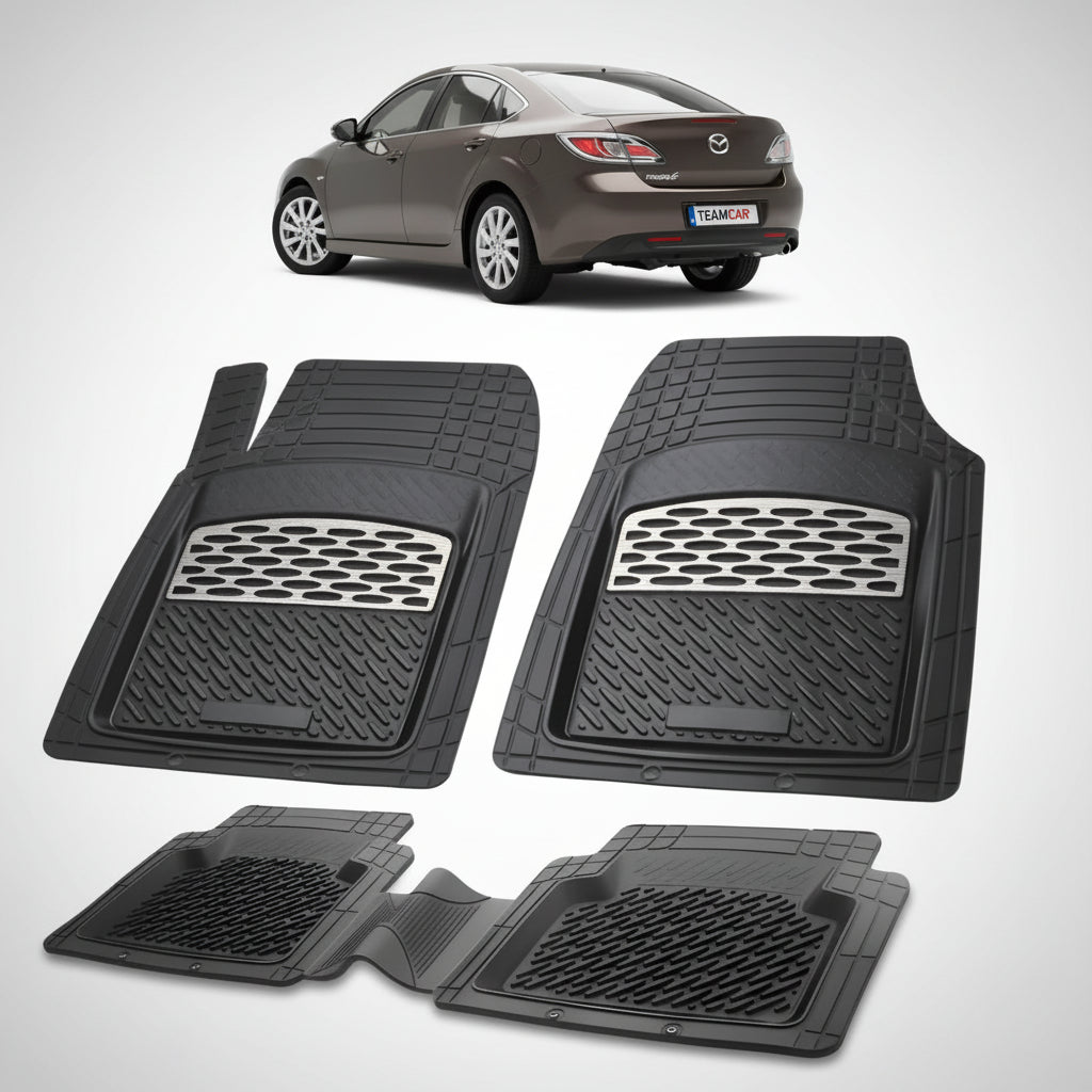 set de covorase din cauciuc negre cu accente gri cu o mazda 6 gh facelift hatchback 5 usi maro inchis in fundal