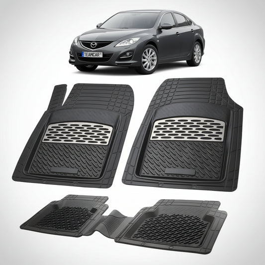 set de covorase din cauciuc negre cu accente gri cu o mazda 6 gh facelift sedan gri inchis metalizat in fundal