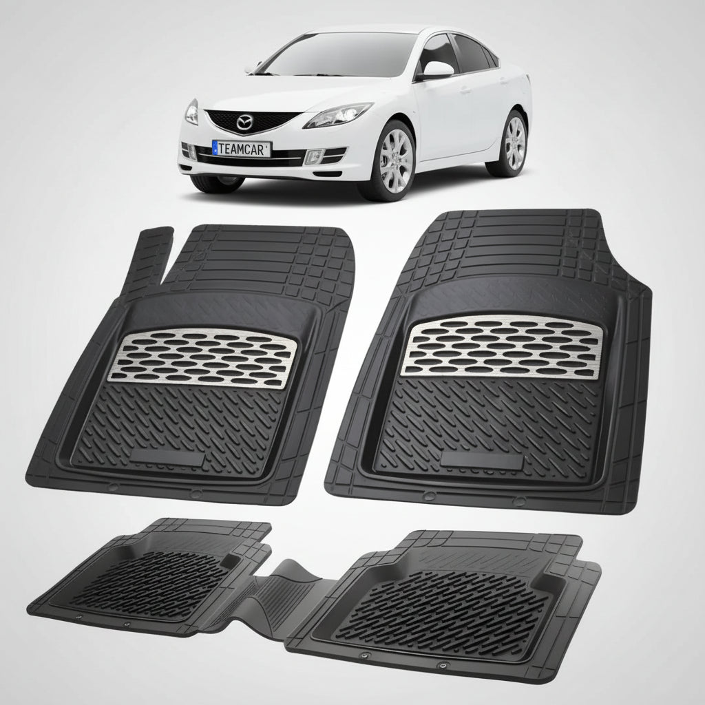 set de covorase din cauciuc negre cu accente gri cu o mazda 6 gh hatchback 5 usi alb in fundal