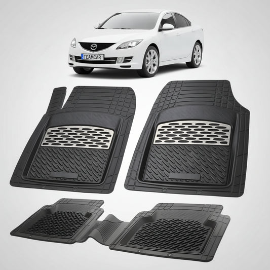 set de covorase din cauciuc negre cu accente gri cu o mazda 6 gh hatchback 5 usi alb in fundal