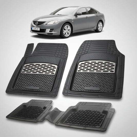 set de covorase din cauciuc negre cu accente gri cu o mazda 6 gh sedan gri inchis in fundal