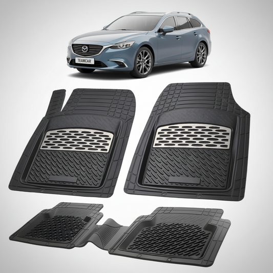 set de covorase din cauciuc negre cu accente gri cu o mazda 6 gj/gl albastru deschis in fundal