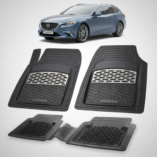 set de covorase din cauciuc negre cu accente gri cu o mazda 6 gl facelift 1 combi albastra in fundal