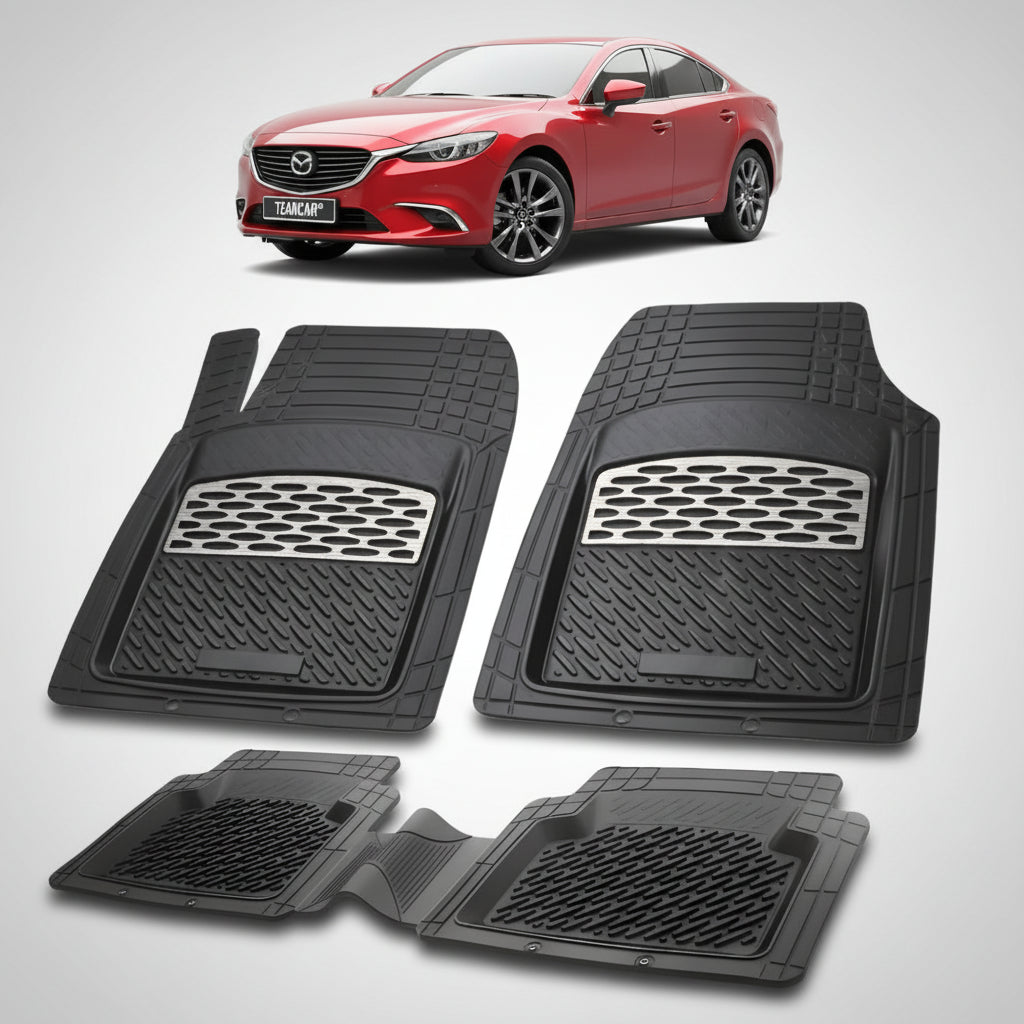 set de covorase din cauciuc negre cu accente gri cu o mazda 6 gl facelift 1 sedan rosei in fundal