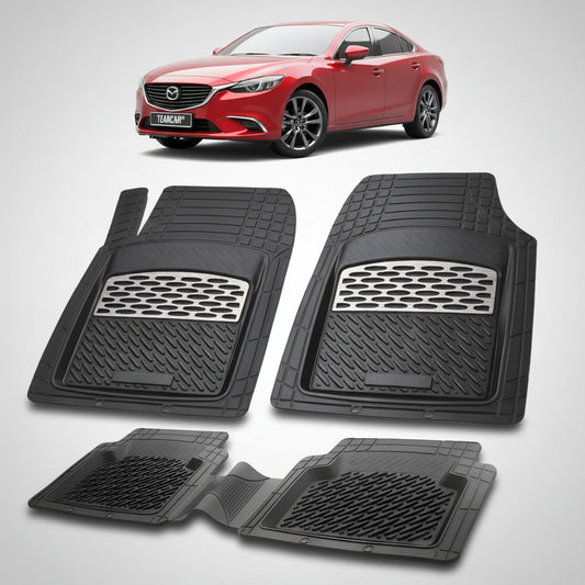 set de covorase din cauciuc negre cu accente gri cu o mazda 6 gl facelift 1 sedan rosei in fundal