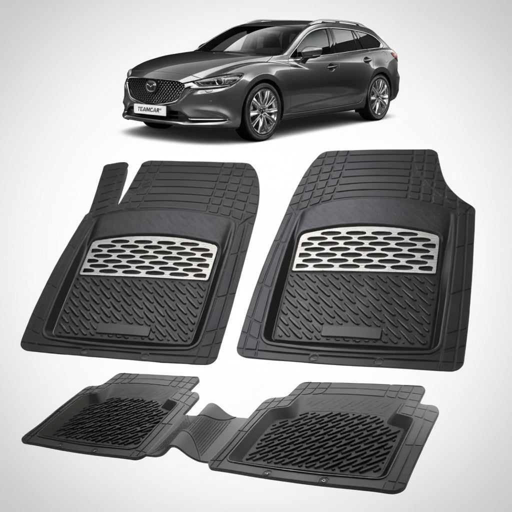 set de covorase din cauciuc negre cu accente gri cu o mazda 6 gl facelift 2 combi neagra in fundal