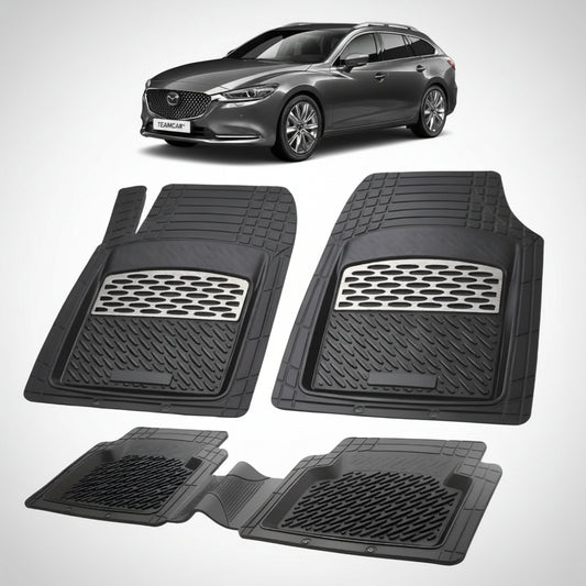 set de covorase din cauciuc negre cu accente gri cu o mazda 6 gl facelift 2 combi neagra in fundal