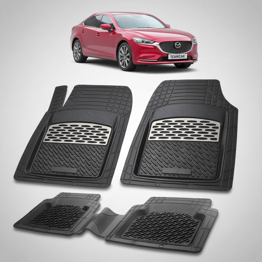 set de covorase din cauciuc negre cu accente gri cu o mazda 6 gl facelift 2 sedan rosie in fundal