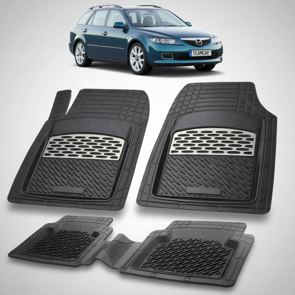 set de covorase din cauciuc negre cu accente gri cu o mazda 6 gy facelift combi albastru inchis in fundal