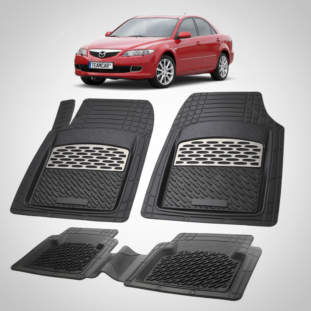 set de covorase din cauciuc negre cu accente gri cu o mazda 6 generatia 1 rosie in fundal