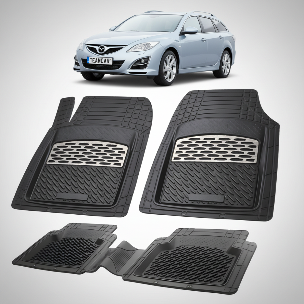 set de covorase din cauciuc negre cu accente gri cu o mazda 6 generatia 2 albastru deschis in fundal