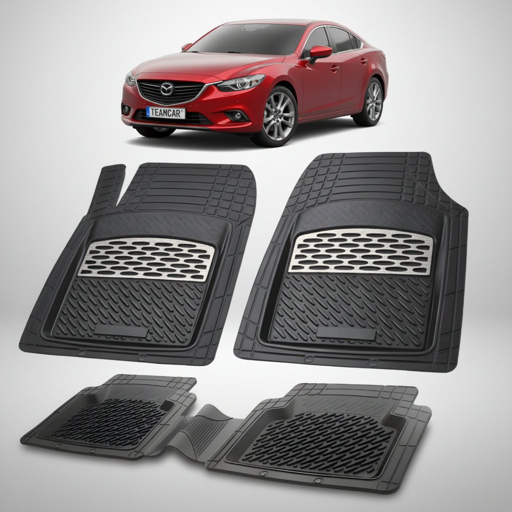 set de covorase din cauciuc negre cu accente gri cu o mazda 6 generatia 3 rosie in fundal