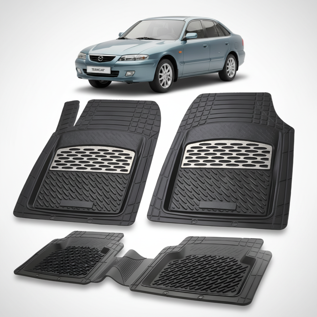 set de covorase din cauciuc negre cu accente gri cu o mazda 626 GF Facelift Hatchback 5 usi albastru-verzui in fundal