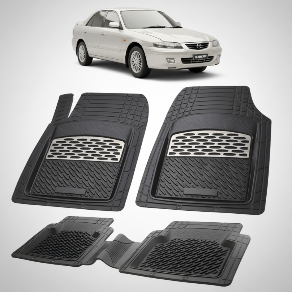 set de covorase din cauciuc negre cu accente gri cu o mazda 626 GF Facelift sedan argintie-metalizat in fundal