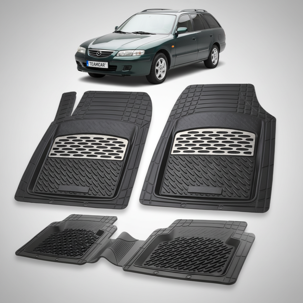set de covorase din cauciuc negre cu accente gri cu o mazda 626 GW Facelift combi verde-inchis in fundal