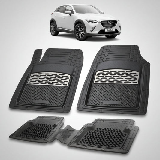 set de covorase din cauciuc negre cu accente gri cu o mazda cx-3 dk facelift suv alba in fundal