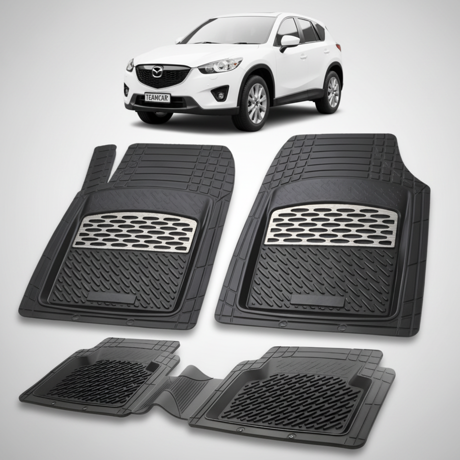 set de covorase din cauciuc negre cu accente gri cu o mazda cx 5 generatia 1 alb in fundal