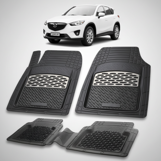 set de covorase din cauciuc negre cu accente gri cu o mazda cx 5 generatia 1 alb in fundal