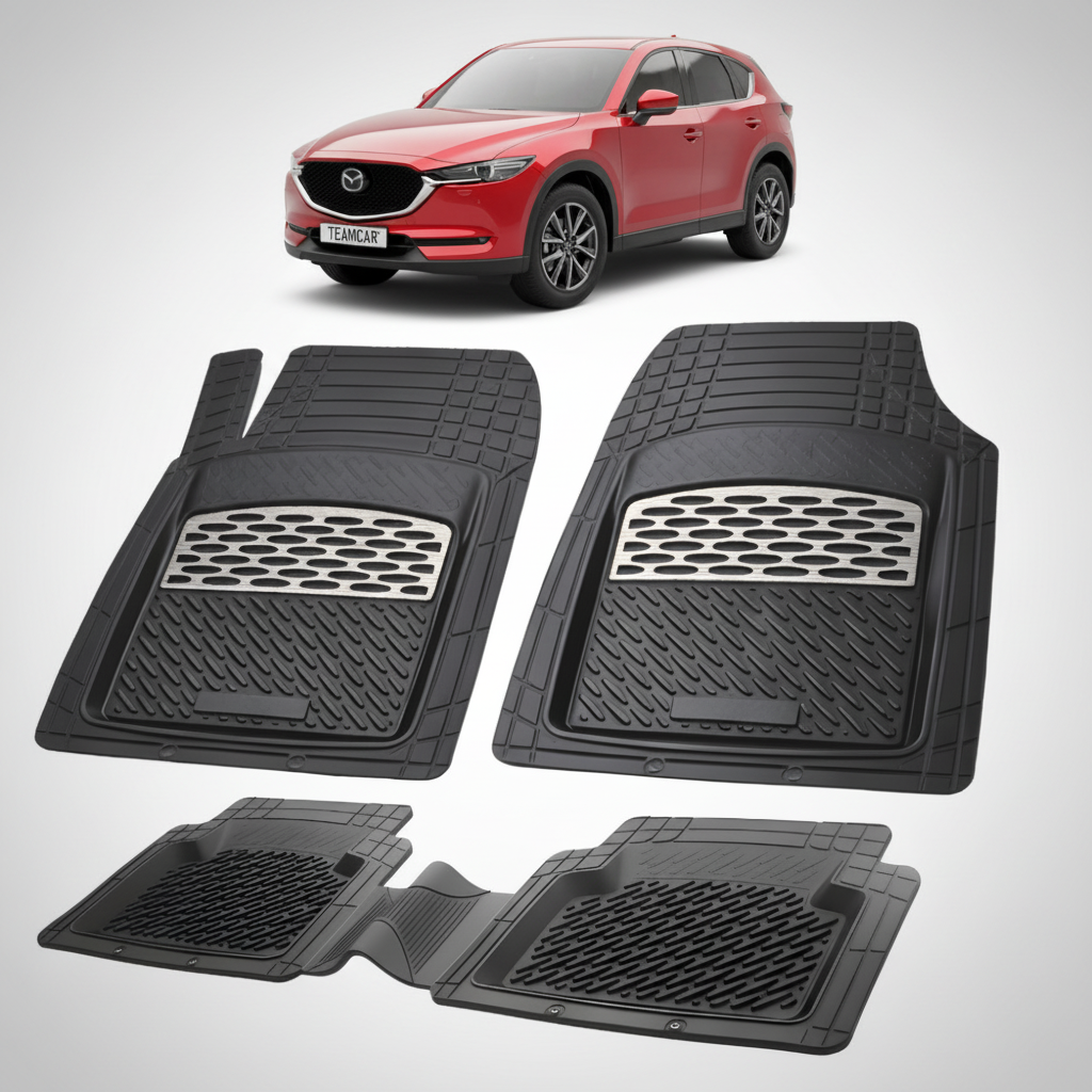 set de covorase din cauciuc negre cu accente gri cu o mazda cx 5 generatia 2 suv rosie in fundal