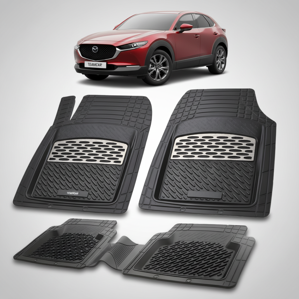 set de covorase din cauciuc negre cu accente gri cu o mazda cx 30 generatia 1 rosu in fundal