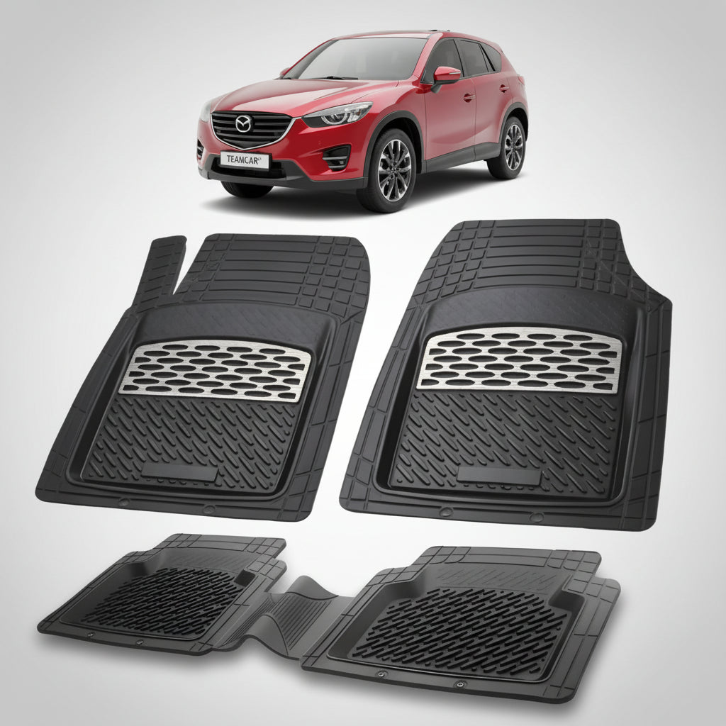 set de covorase din cauciuc negre cu accente gri cu o mazda cx-5 ke facelift suv rosie in fundal