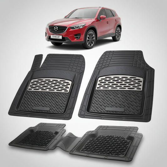 set de covorase din cauciuc negre cu accente gri cu o mazda cx-5 ke facelift suv rosie in fundal