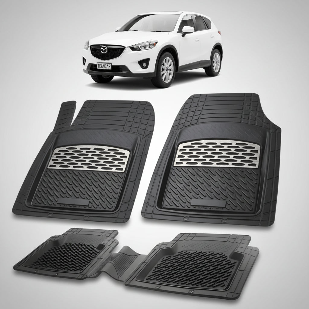 set de covorase din cauciuc negre cu accente gri cu o mazda cx-5 ke suv alba in fundal