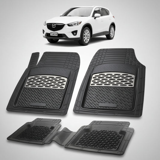set de covorase din cauciuc negre cu accente gri cu o mazda cx-5 ke suv alba in fundal