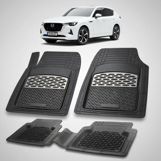 set de covorase din cauciuc negre cu accente gri cu o mazda cx-60 kh suv alba in fundal
