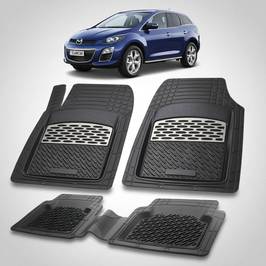 set de covorase din cauciuc negre cu accente gri cu o mazda cx-7 er facelift suv albastra in fundal