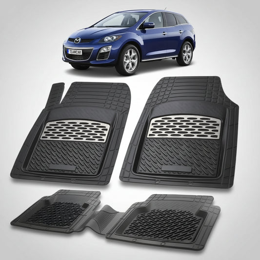 set de covorase din cauciuc negre cu accente gri cu o mazda cx-7 er facelift suv albastra in fundal