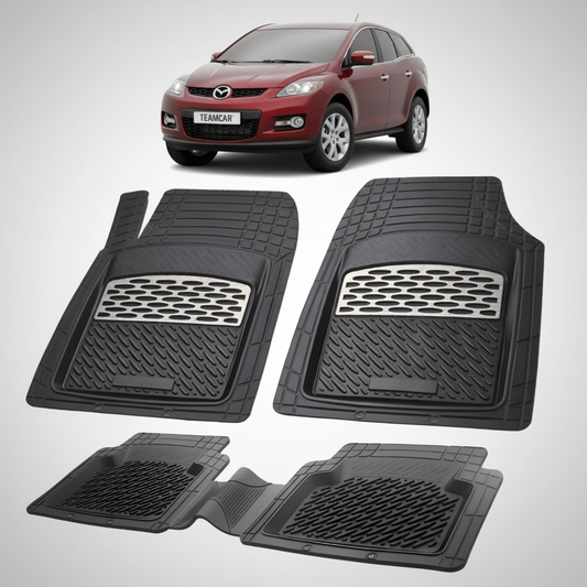 set de covorase din cauciuc negre cu accente gri cu o mazda cx 7 generatia 1 suv rosie in fundal