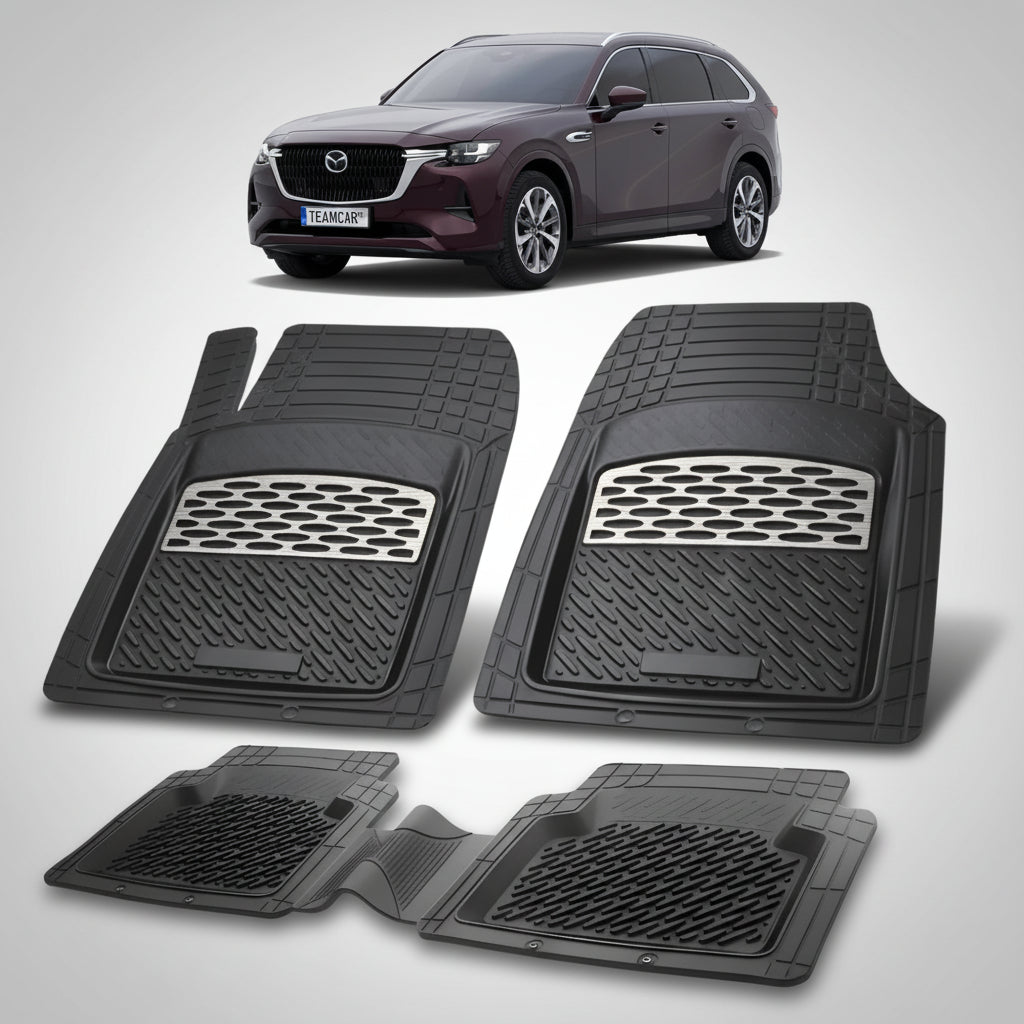 set de covorase din cauciuc negre cu accente gri cu o mazda cx-80 kh suv rosu profund in fundal